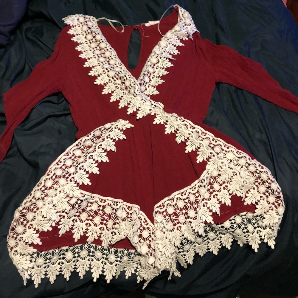 Maroon/burgundy lace trim romper